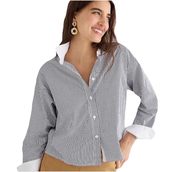 J. Crew Tops - J. Crew Relaxed‎ Fit Cropped Cotton Poplin Striped Shirt Women's Size 12 EUC